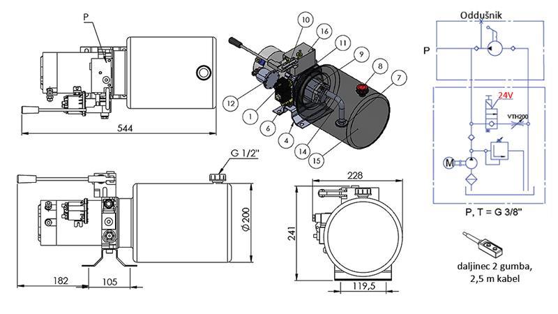 MINI AGGREGATO IDRAULICO 24V DC - 2.2kW = 2.1cc - 8 lit - assemblaggio unidirezionale CON POMPA MANUALE